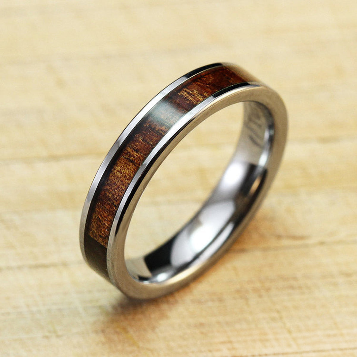 Tungsten Carbide Ring with Koa Wood Inlay, 4mm, Flat Shape, Comfort Fitment
