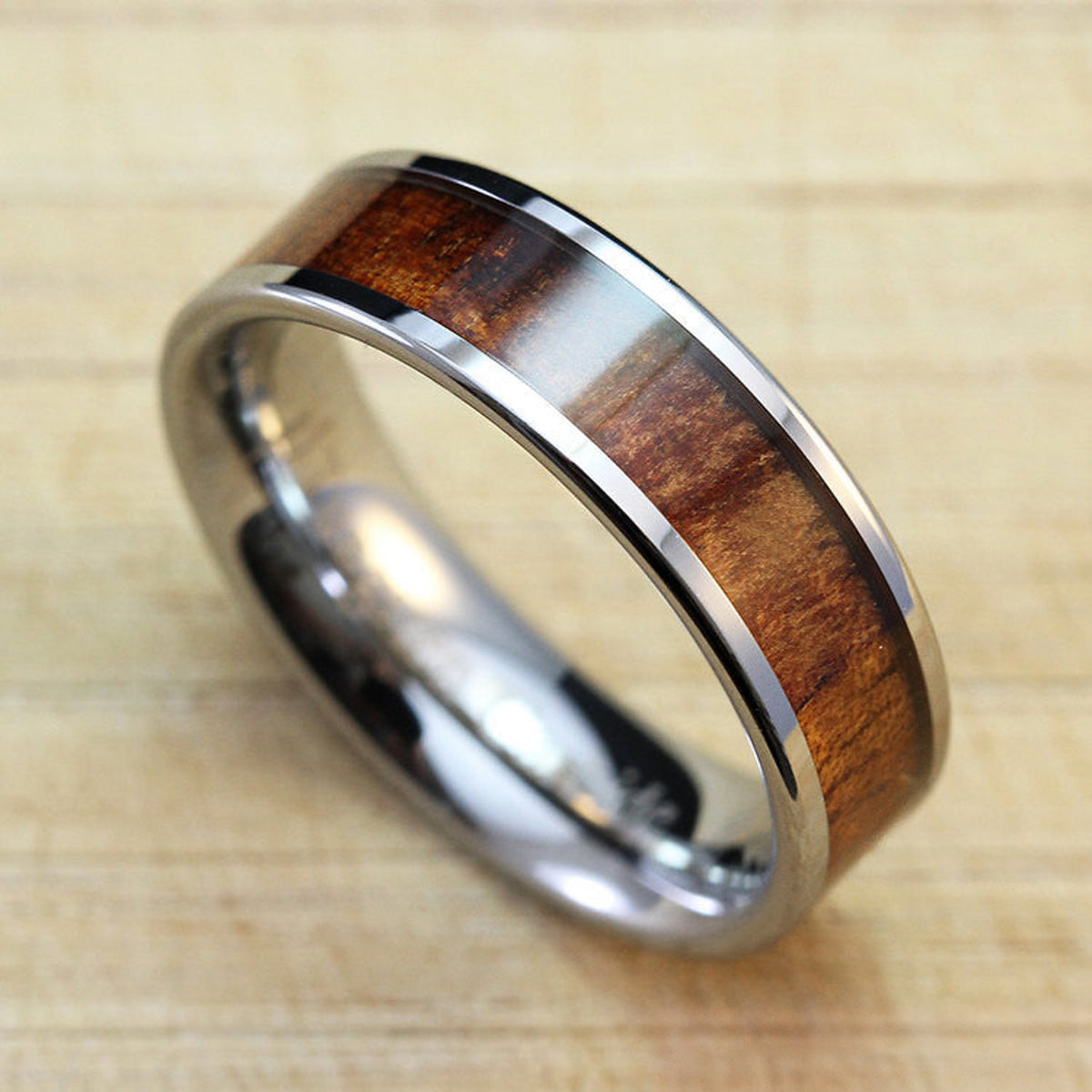 Tungsten Carbide Ring with Koa Wood Inlay, 7mm, Flat Shape, Comfort Fitment