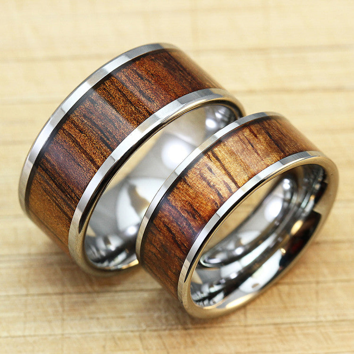 Pair of 8 & 10mm Tungsten Carbide Rings with Hawaiia Koa Wood Inlay - Flat Shape, Comfort Fitment