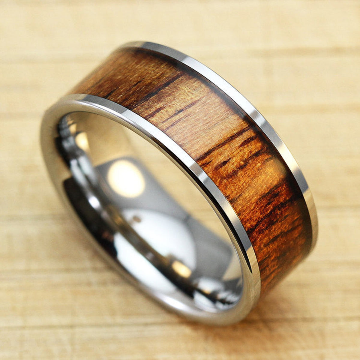 Tungsten Carbide Ring with Koa Wood Inlay - 8mm, Flat Shape, Comfort Fitment