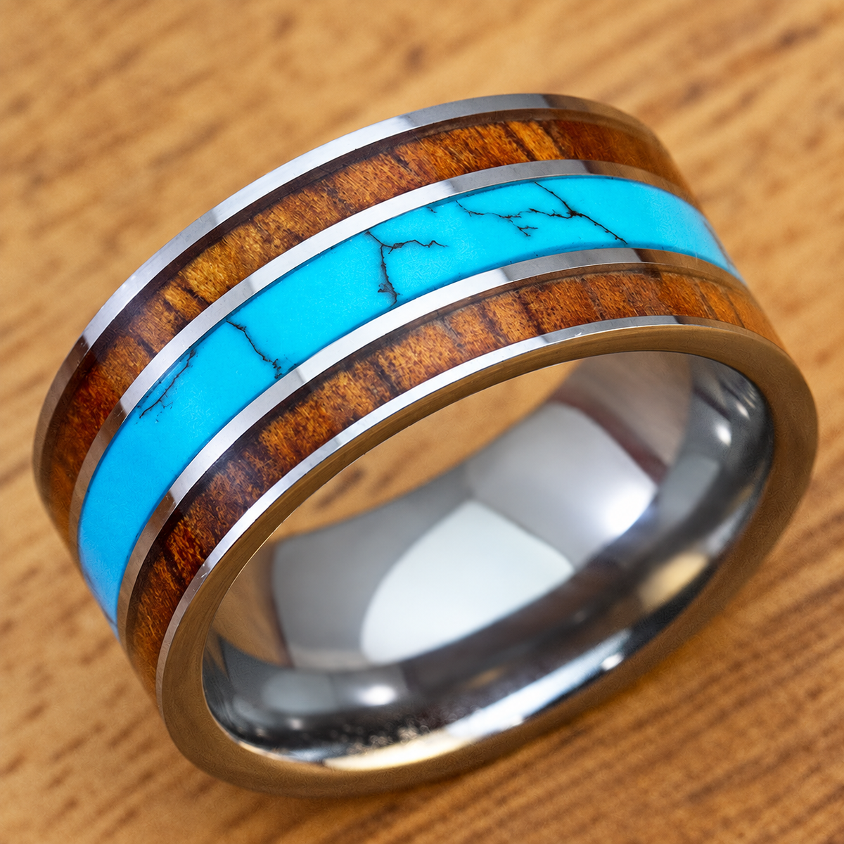 Tungsten carbide ring with koa wood and turquoise inlay