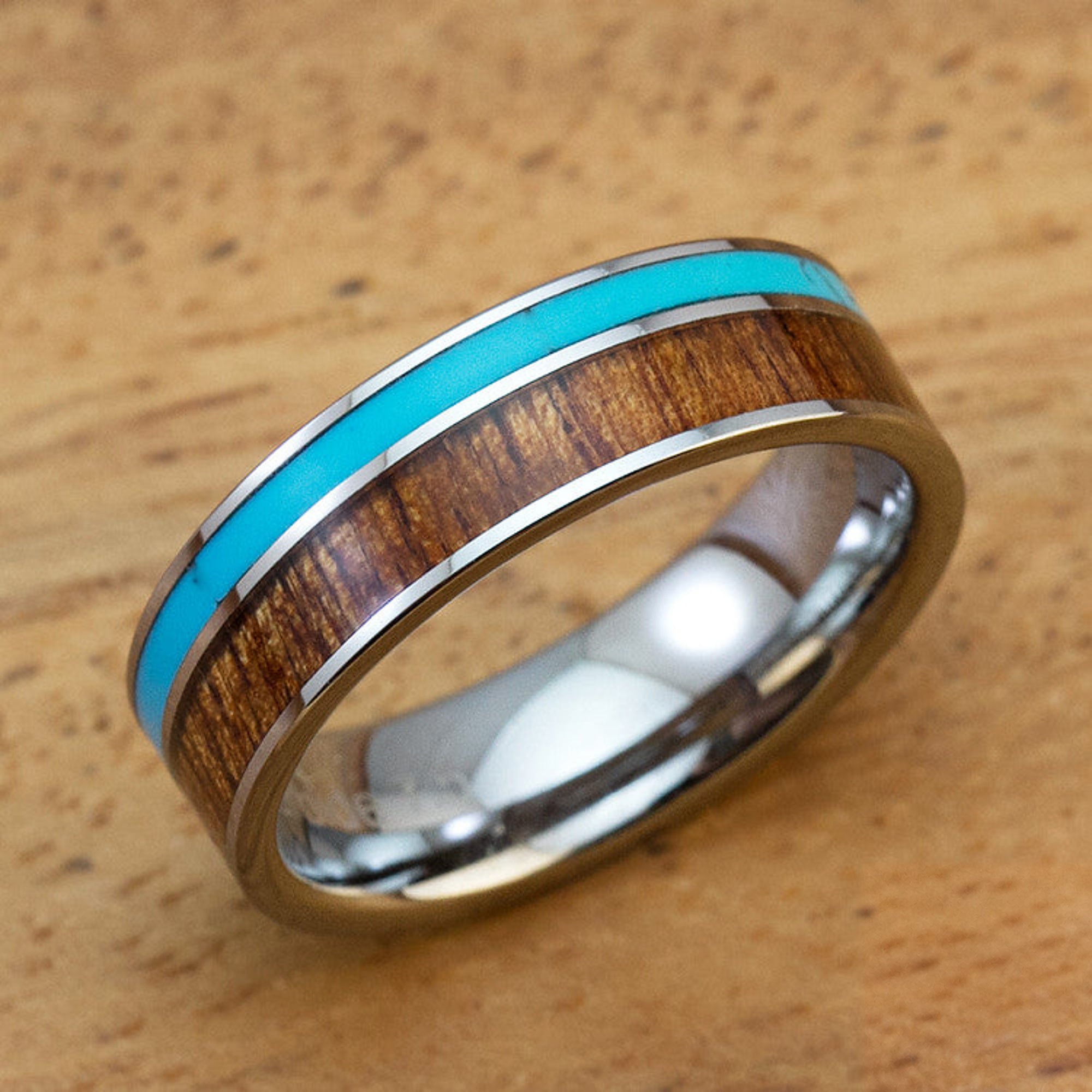 Tungsten Carbide Ring with Koa Wood & Turquoise Inlay