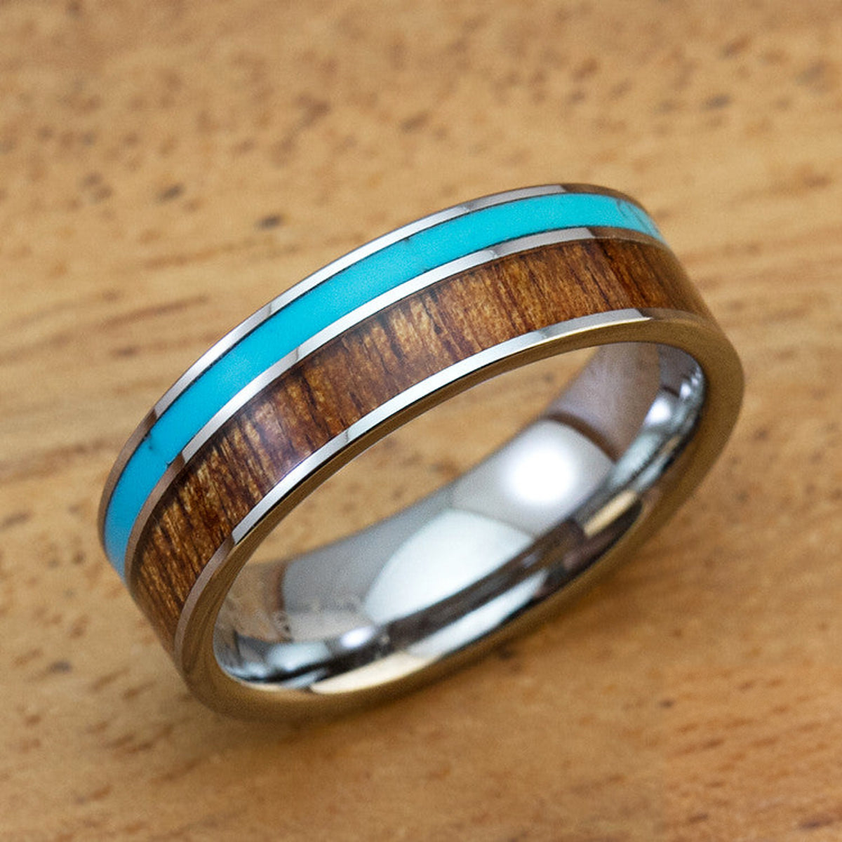 Tungsten Carbide Ring with Koa Wood & Turquoise Inlay