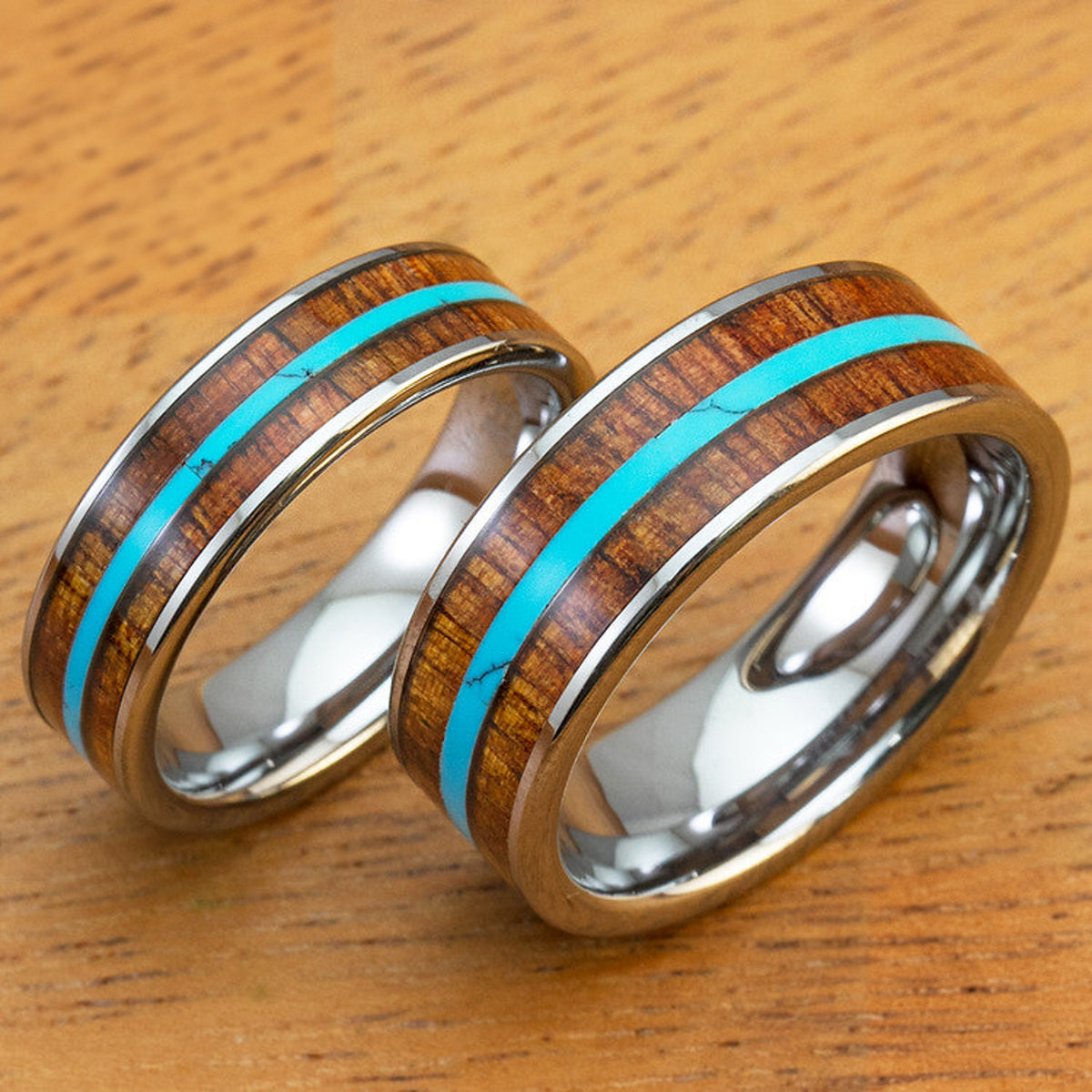Tungsten Carbide Ring Set with Hawaiian Koa Wood and Thin Mid-Strip Turquoise Inlay