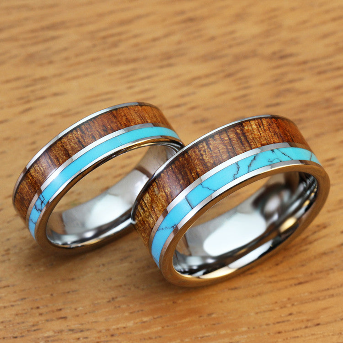 Pair of Tungsten Carbide Ring with Hawaiian Koa Wood and Turquoise Inlay