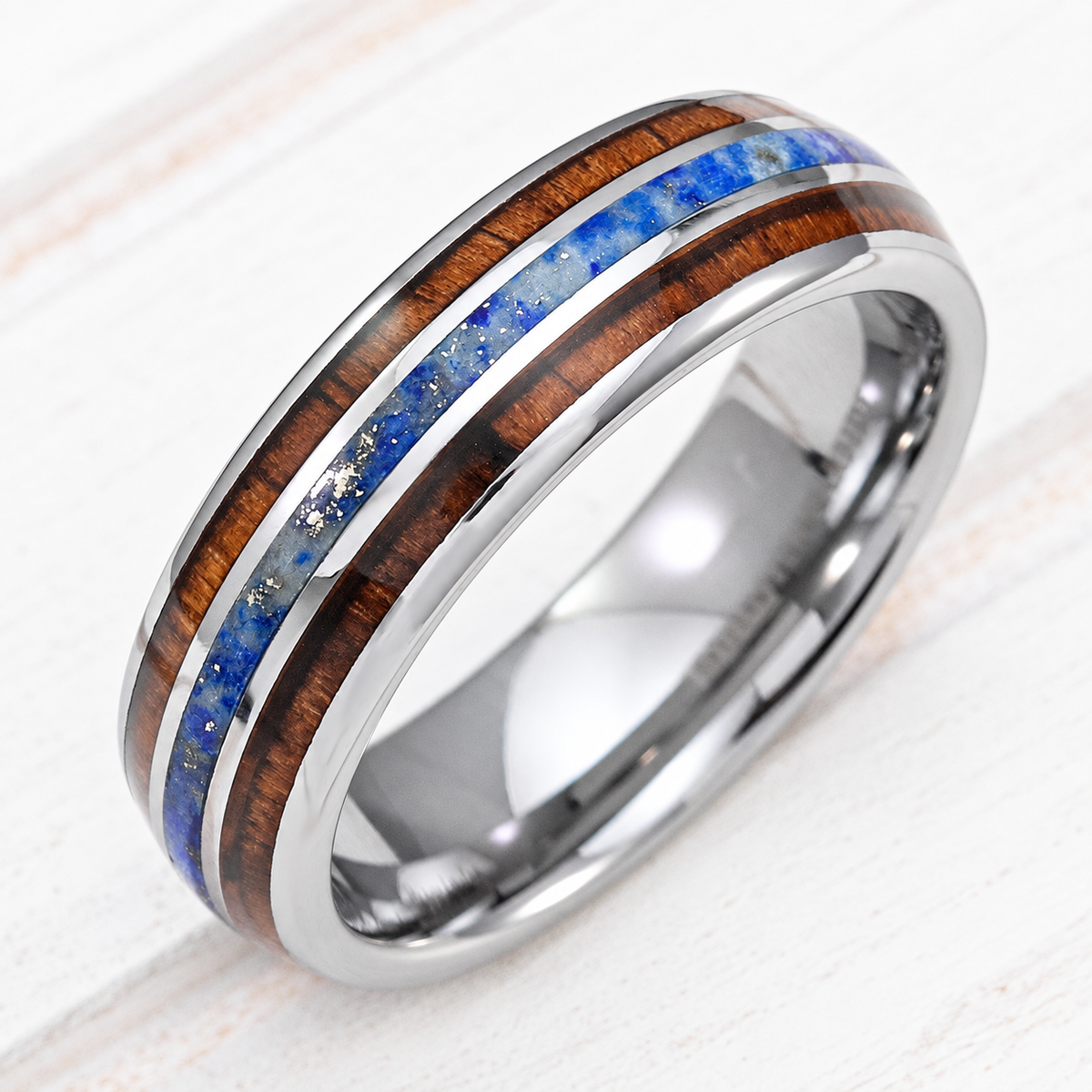 Tungsten carbide ring with lapis and koa wood tri-inlay
