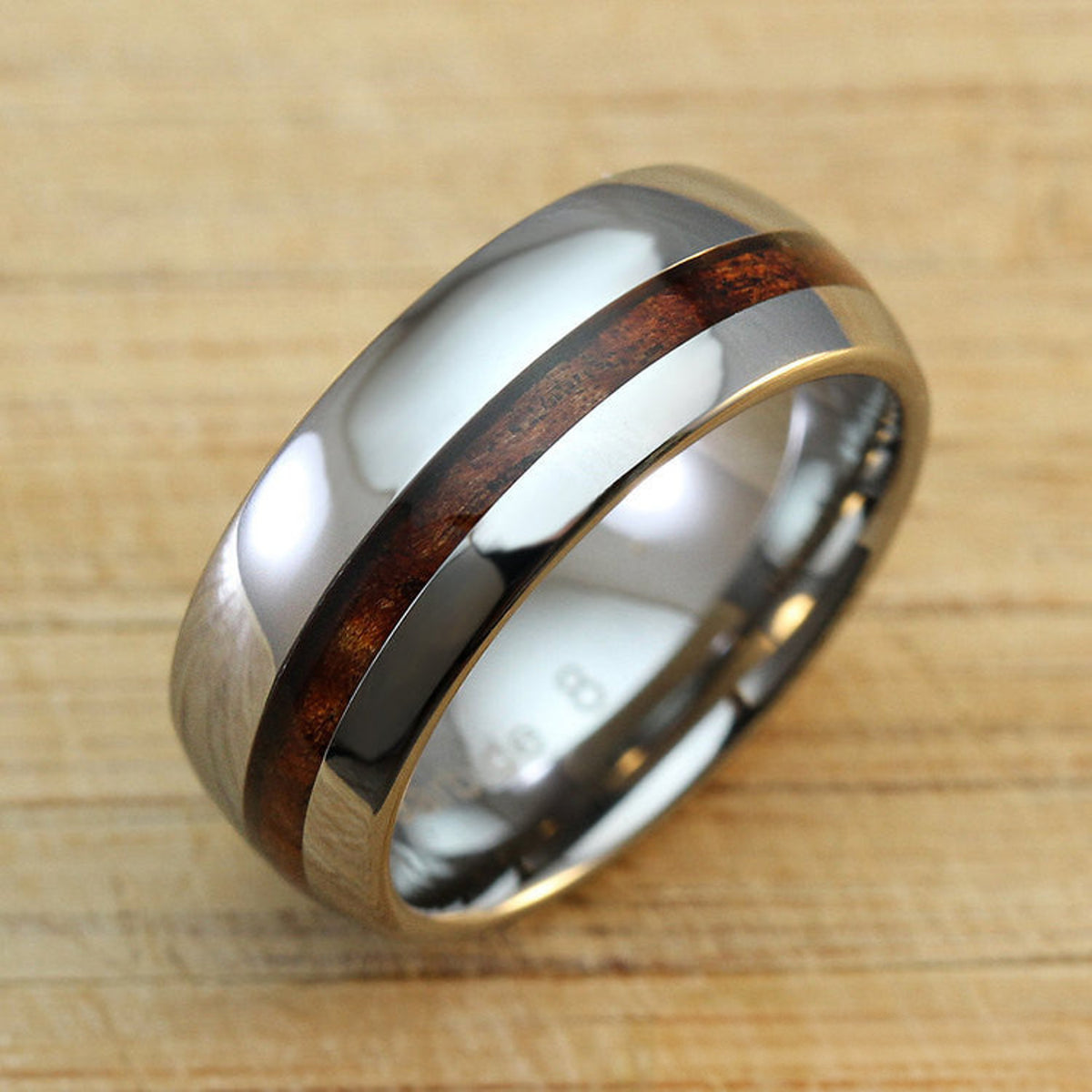 Tungsten Carbide Ring with Offset Koa Wood Inlay, 8mm, Dome Shape, Comfort Fitment