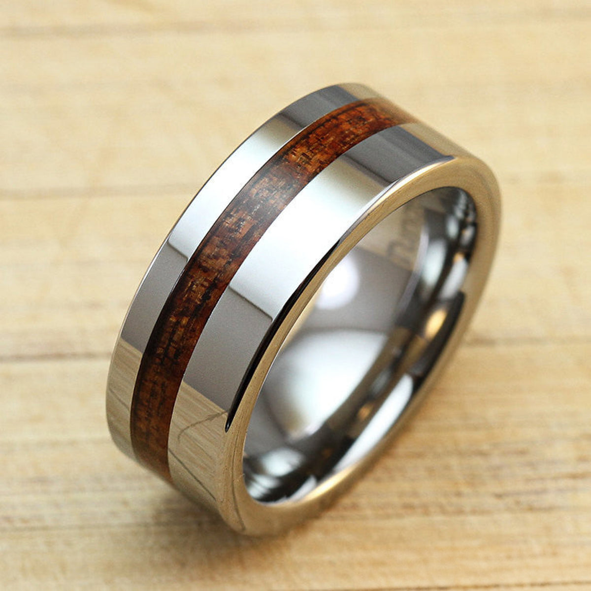 Tungsten Carbide Ring with Offset Koa Wood Inlay - 8mm, Flat Shape, Comfort Fitment