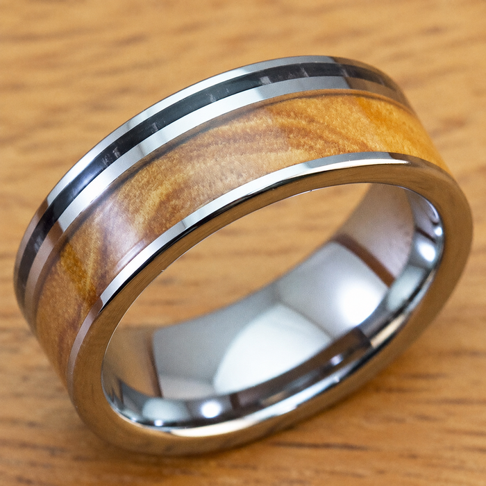 Tungsten carbide ring with olive and ebony wood inlay