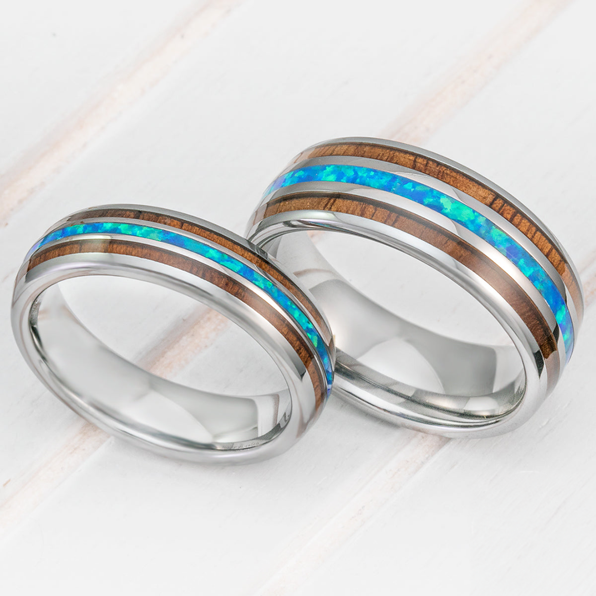 Pair of 6 & 8mm Width Tungsten Couple/Wedding Ring Set with Blue Opal and Koa Wood Tri Inlay - Dome Shape, Comfort Fitment