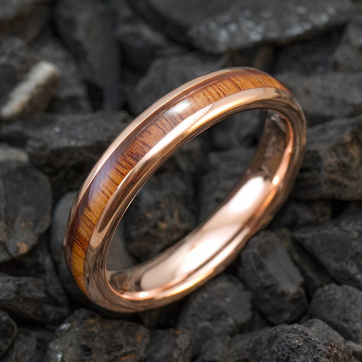 Rose Gold Ion Plated Tungsten Carbide Wedding Ring with Hawaiian Koa Wood Inlay Plating
