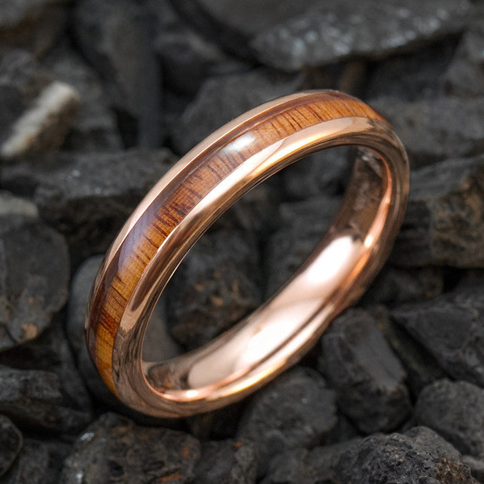 Rose Gold Ion Plated Tungsten Carbide Wedding Ring with Hawaiian Koa Wood Inlay Plating