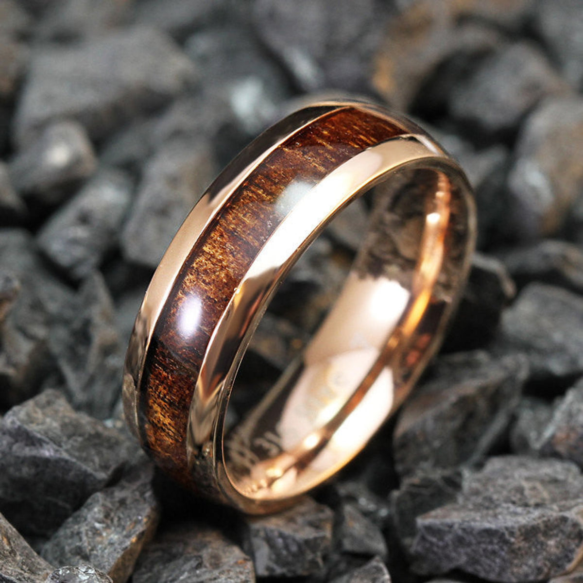 Tungsten Rose Gold Ring with Koa Wood Inlay - 6mm, Dome Shape, Comfort Fitment