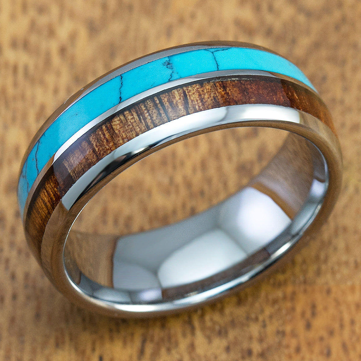 Tungsten Carbide 8mm Ring with Turquoise and Hawaiian Koa Wood Inlay, Comfort Fitment, Barrel Style