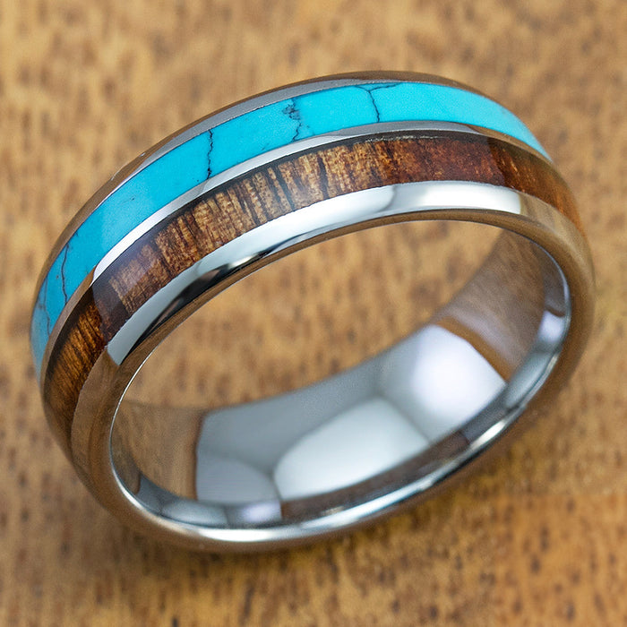 Tungsten Carbide 8mm Ring with Turquoise and Hawaiian Koa Wood Inlay, Comfort Fitment, Barrel Style