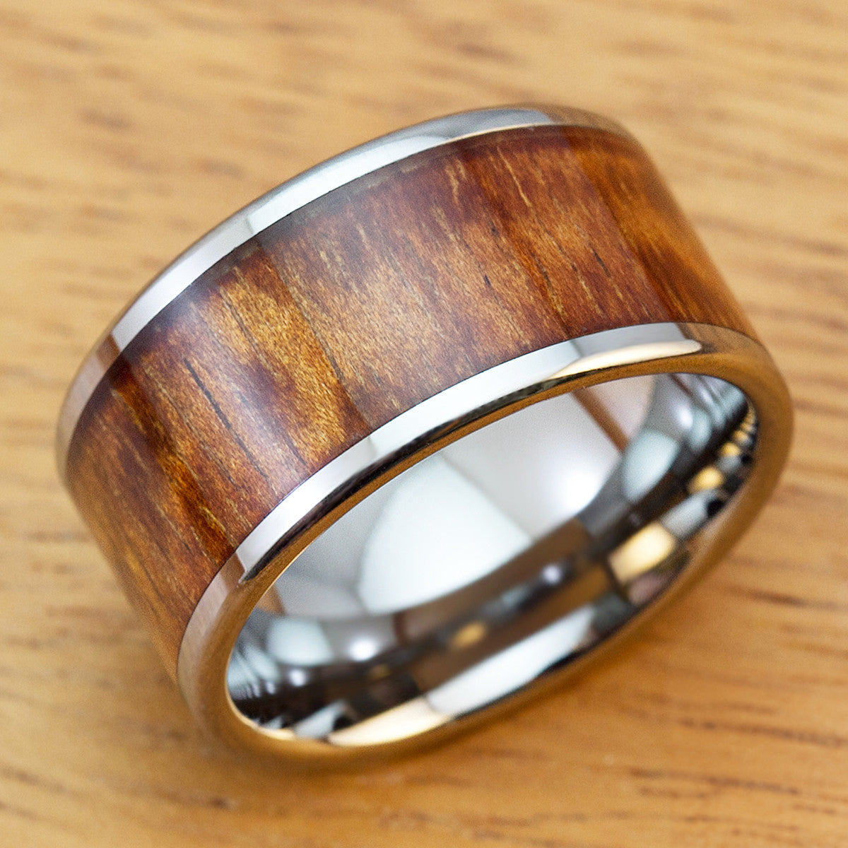 Tungsten Carbide Ring with Koa Wood Inlay, 10mm, Flat Shape,