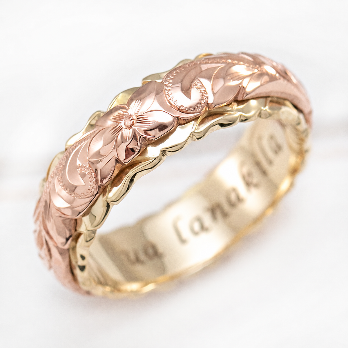 Two-tone solid gold Hawaiian hand-engraved heritage ring