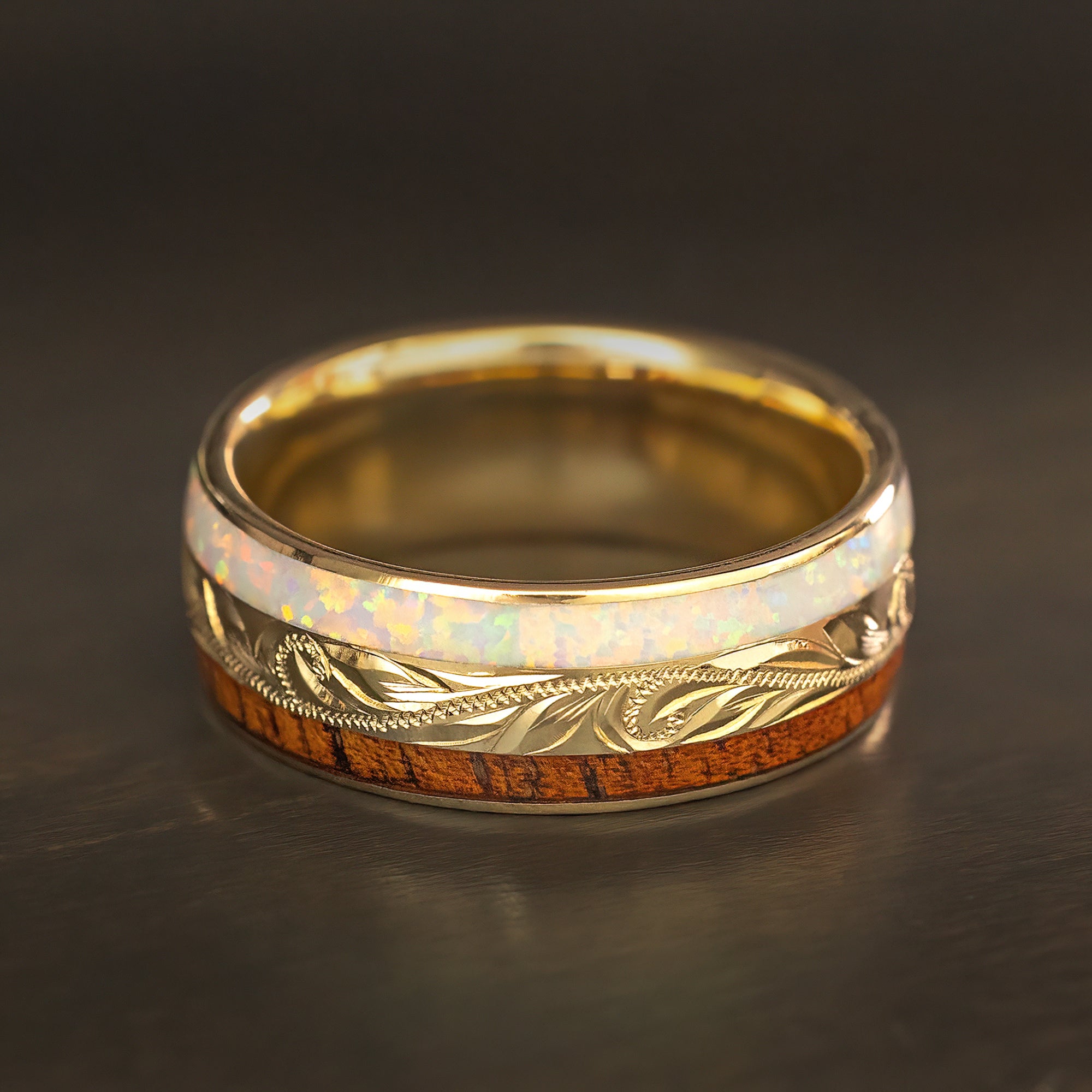 White Opal & Hawaii Koa Wood Solid Gold Ring [Custom Made]