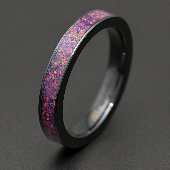 Black zirconium ring with lavender fire opal inlay
