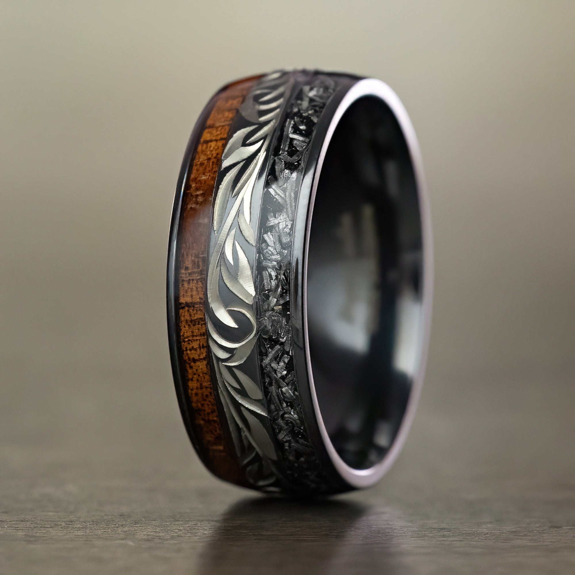 Black Zirconium Hand Engraved Ring [8mm width] Koa Wood & Meteorite