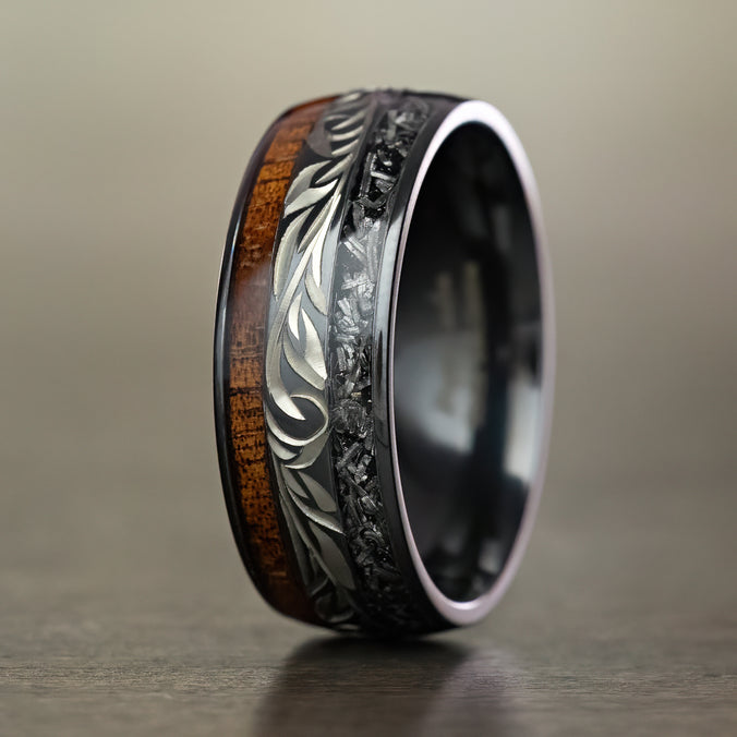 Black Zirconium Hand Engraved Ring [8mm width] Koa Wood & Meteorite