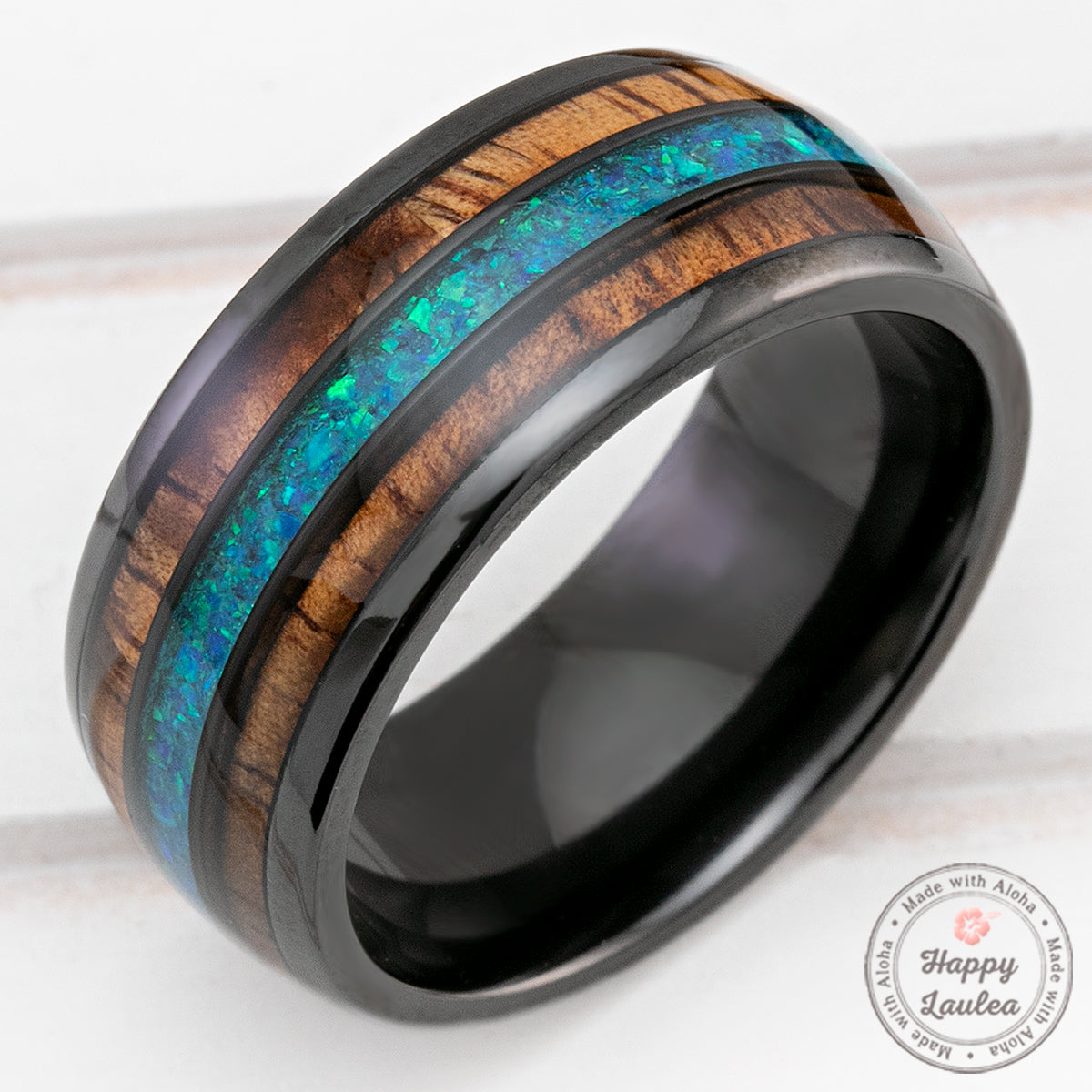 Black Zirconium 10mm Ring with Azure Blue Opal & Hawaiian Koa Wood Tri-Inlay - Dome Shape, Comfort Fitment