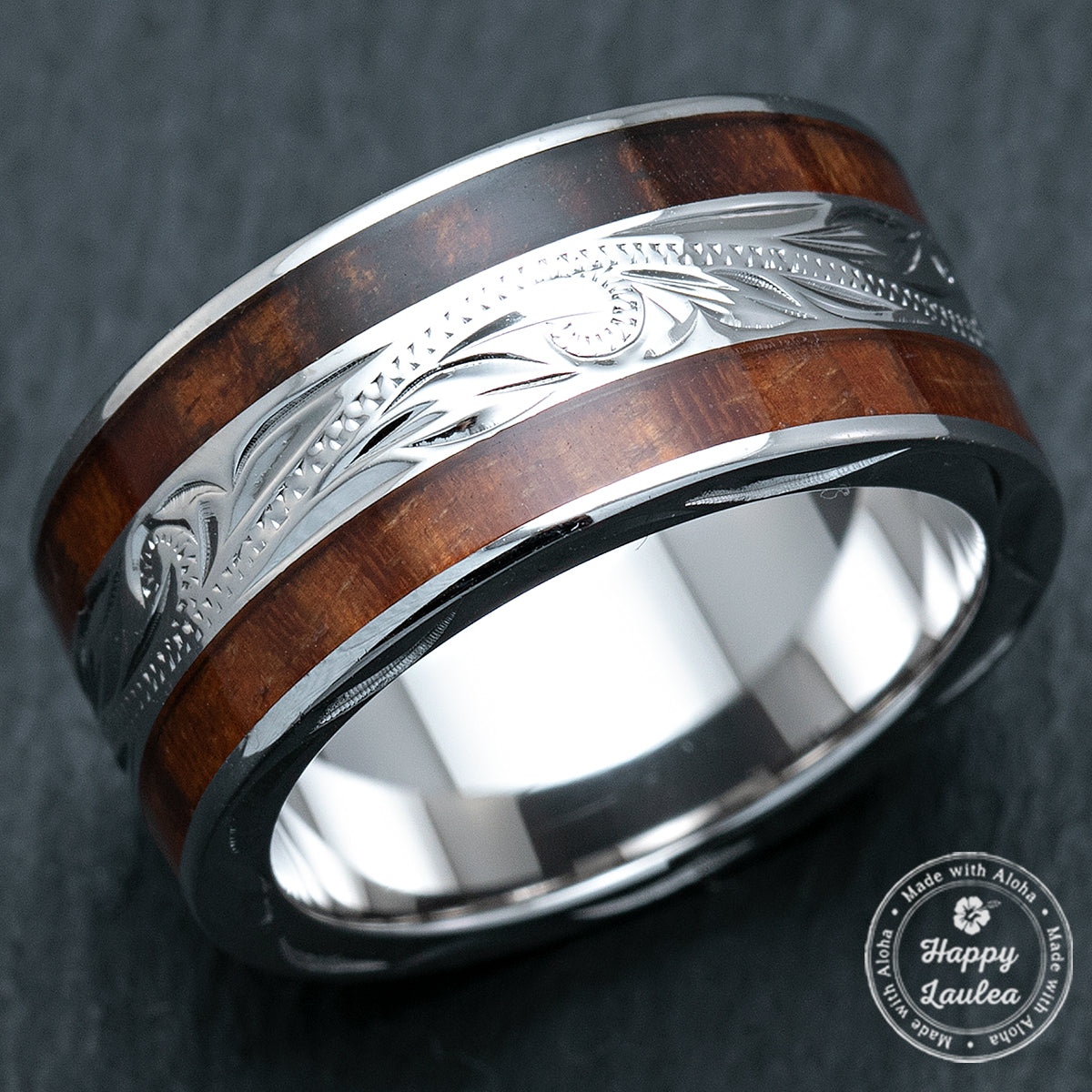 Sterling Silver 10mm Wide Width Hawaiian Jewelry Ring with Hawaii Koa Wood Duo Inlay - Flat Shape, Standard Fitment