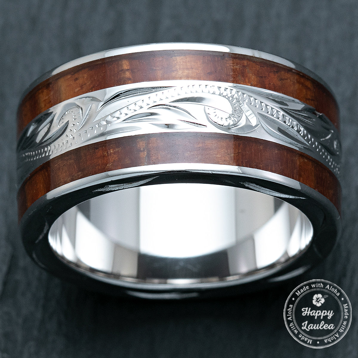 Sterling Silver 10mm Wide Width Hawaiian Jewelry Ring with Hawaii Koa Wood Duo Inlay - Flat Shape, Standard Fitment