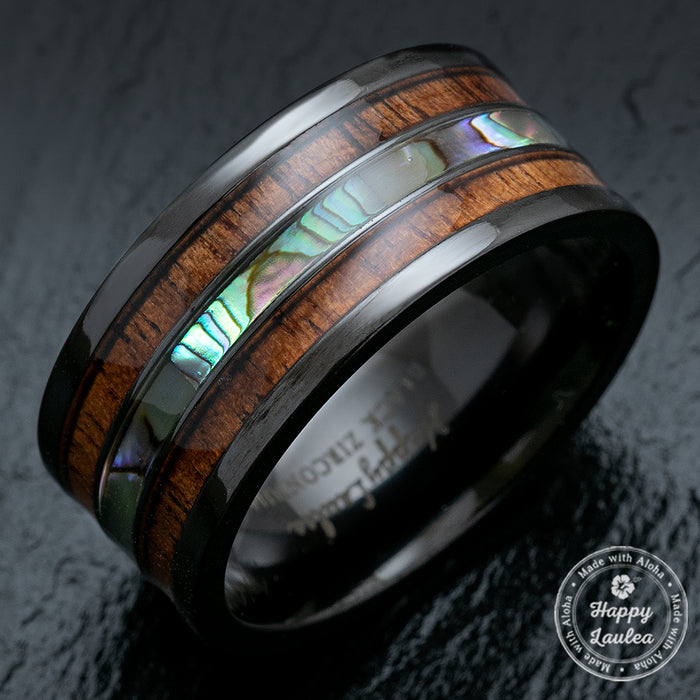 Black Zirconium Wide Width 10mm Ring with Abalone Shell & Koa Wood Tri-Inlay - Flat Shape, Comfort Fitment
