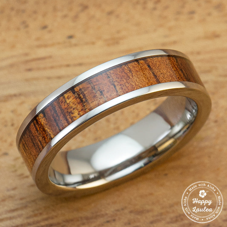 Titanium Ring with Hawaiian Koa Wood Inlay-6mm, Flat Shape, Standard Fitment