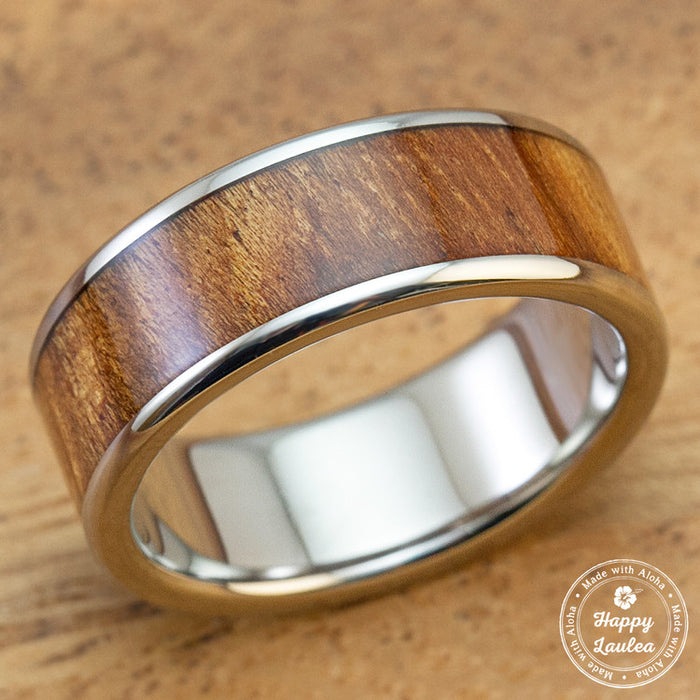Titanium Ring with Hawaiian Koa Wood Inlay - 8mm, Flat Shape, Standard Fitment