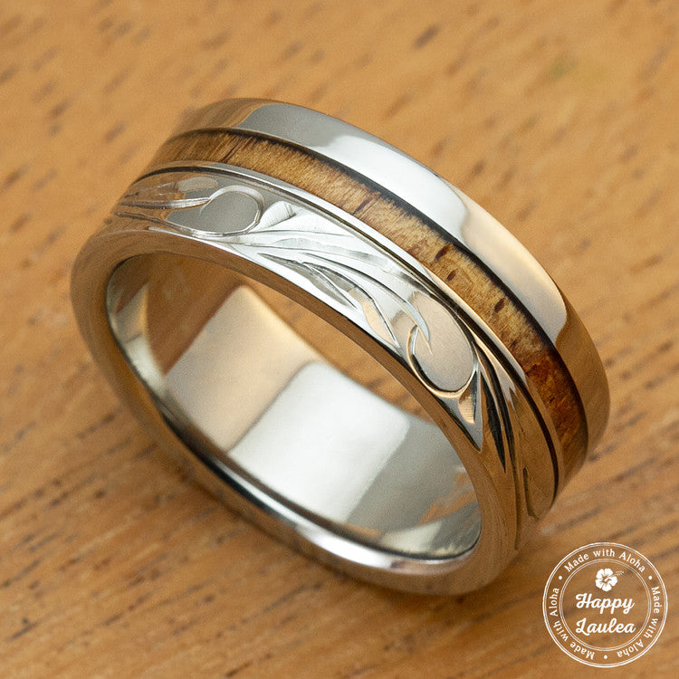 Titanium Ring with Hawaiian Koa Wood Inlay Hand Engraved with Hawaiian Heritage Design - 8mm, Standard Fitment, Flat Shaped