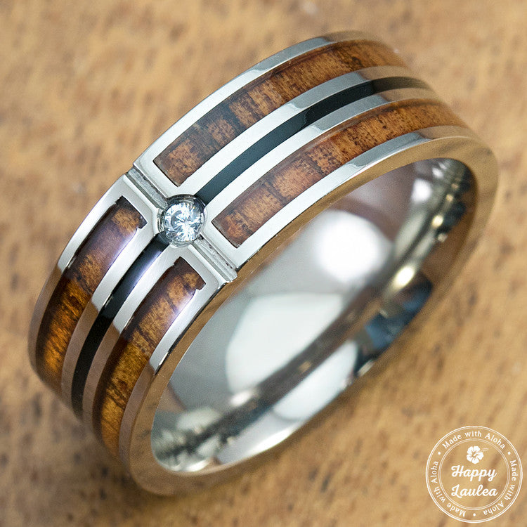 Titanium Ring with Hawaiian Koa Wood Inlay with Cubic Zirconia Setting - 8mm, Flat Shape, Comfort Fitment
