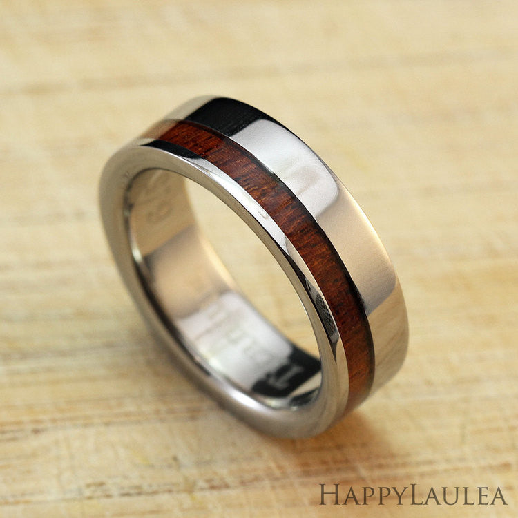 Titanium Ring with Koa Wood Offset Inlay - 6mm, Flat Shape, Standard Fitment