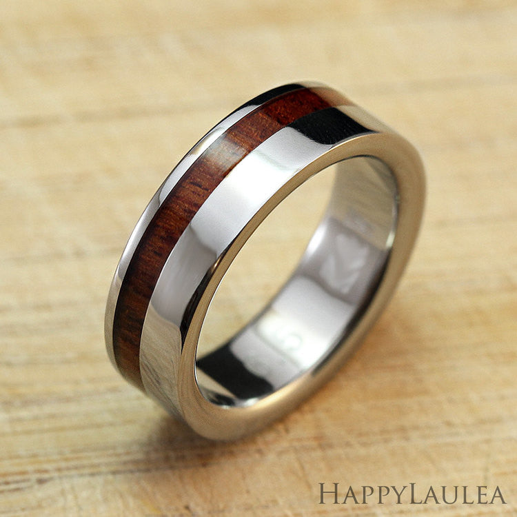 Titanium Ring with Koa Wood Offset Inlay - 6mm, Flat Shape, Standard Fitment