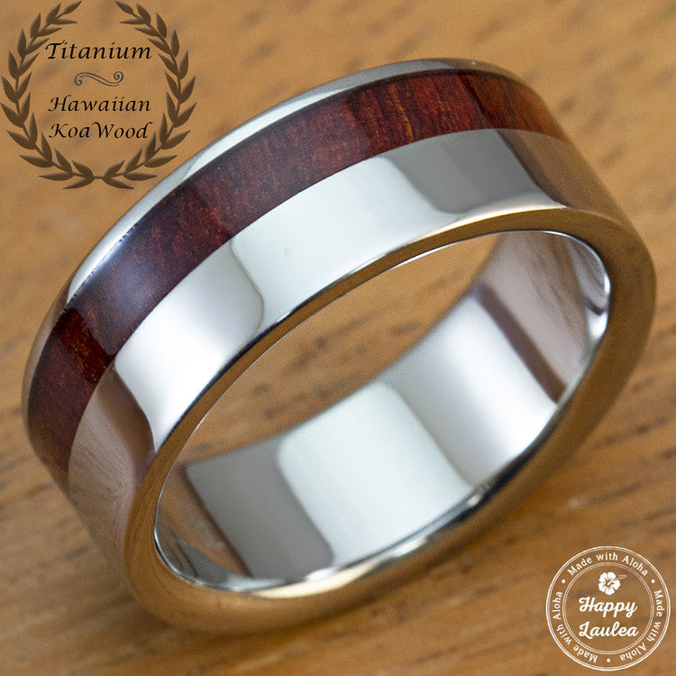 Titanium GR5 Ring [8mm] Offset Koa Wood Inlay Flat Shape, Comfort Fitment