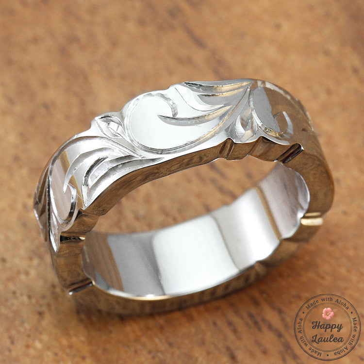Titanium Ring with Koa Wood Inlay Hand Engraved with Hawaiian Heritage Design - 6mm, Flat Shape, Standard Fitment
