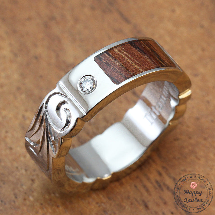 Titanium Ring with Koa Wood Inlay Hand Engraved with Hawaiian Heritage Design - 6mm, Flat Shape, Standard Fitment