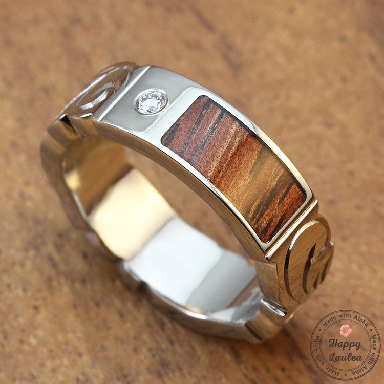 Titanium Ring with Koa Wood Inlay Hand Engraved with Hawaiian Heritage Design - 6mm, Flat Shape, Standard Fitment