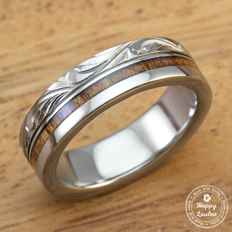 Titanium Ring with Koa Wood Inlay Hand Engraved with Hawaiian Heritage Design - 6mm, Flat Shape, Standard Fitment