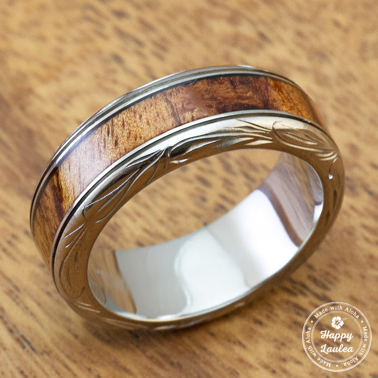 Titanium Ring with Koa Wood Inlay Hand Engraved with Hawaiian Heritage Design - 8mm, Dome Shape, Standard Fitment