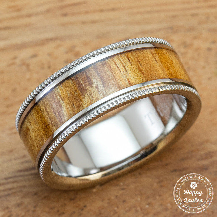 Titanium Wedding Band for Mens with Hawaiian Koa Wood Inlay