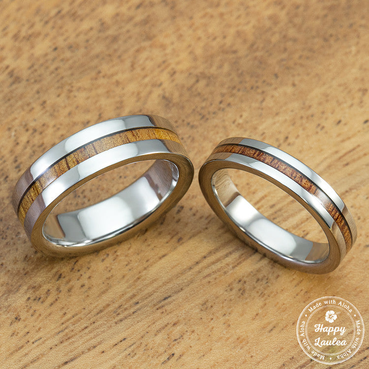 Pair of Titanium Couple/Wedding Band Set with Thin Strip Hawaiian Koa Wood Inlay - 4&6mm, Flat Shape, Standard Fitment