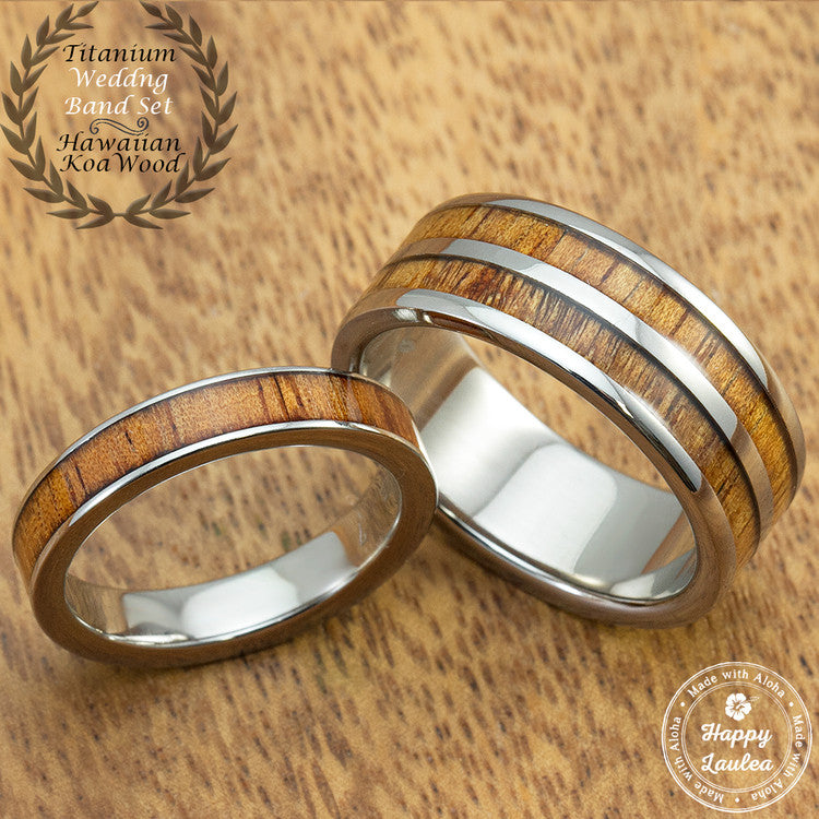 Titanium Wedding Ring Set [4&8mmm widths] Hawaiian Koa Wood Inlay