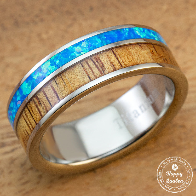 Titanium Wedding Ring with Hawaiian Koa Wood and Opal Offset Inlay