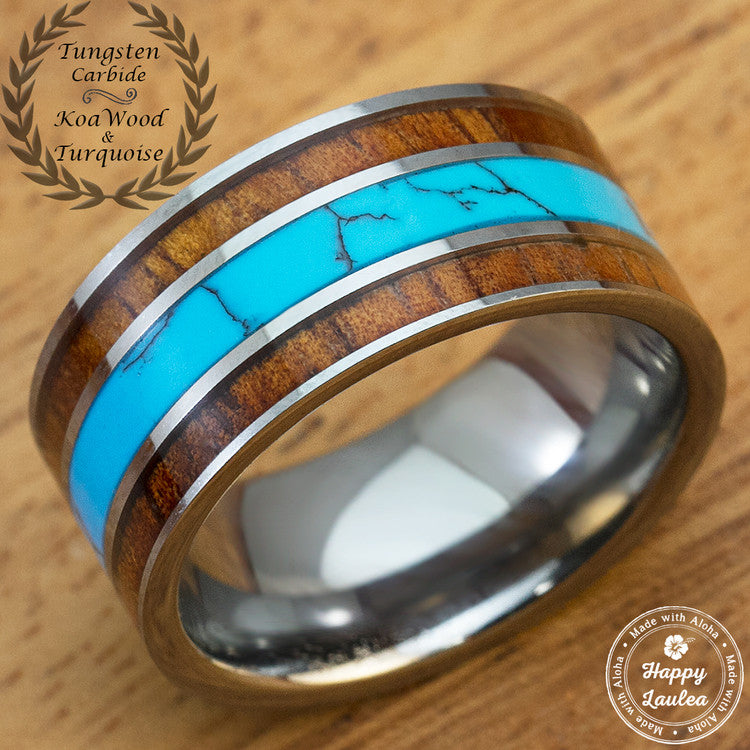 Tungsten Carbide 10mm Ring with Koa Wood and Turquoise Inlay