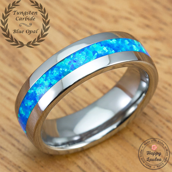 Tungsten Carbide Ring with Blue Opal Inlay - 6mm, Dome Shape, Comfort Fitment
