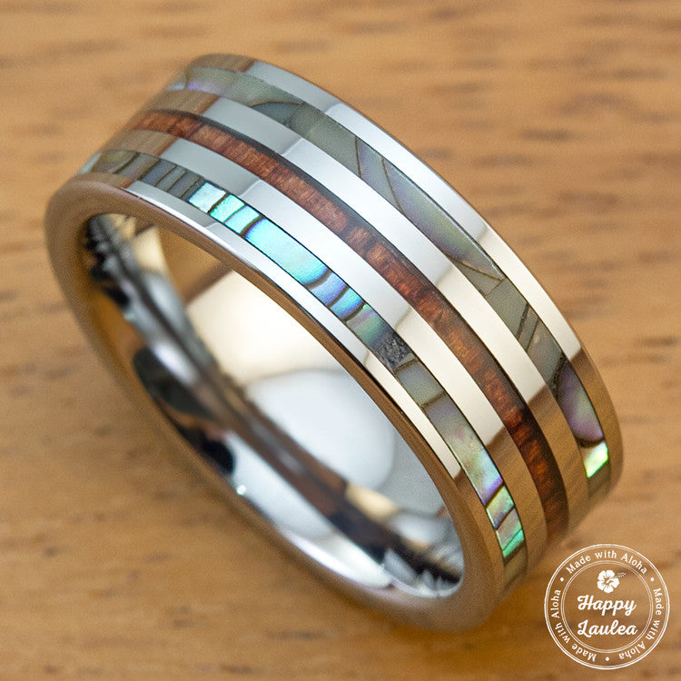 Tungsten Carbide Ring with Hawaiian Koa Wood and Abalone Pau'a Shell Tri Inlay - 8mm, Flat Shape, Comfort Fitment