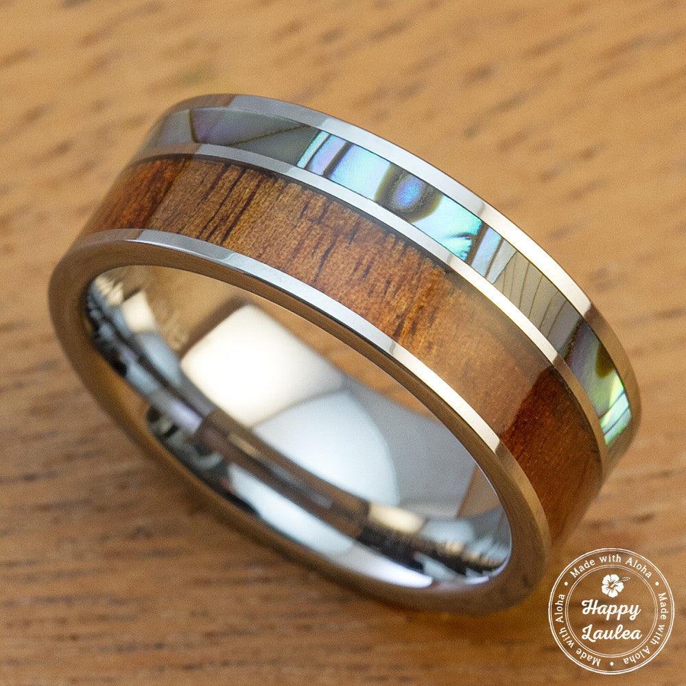 Tungsten Carbide Ring Ring with Abalone Shell and Koa Wood Offset Inlay