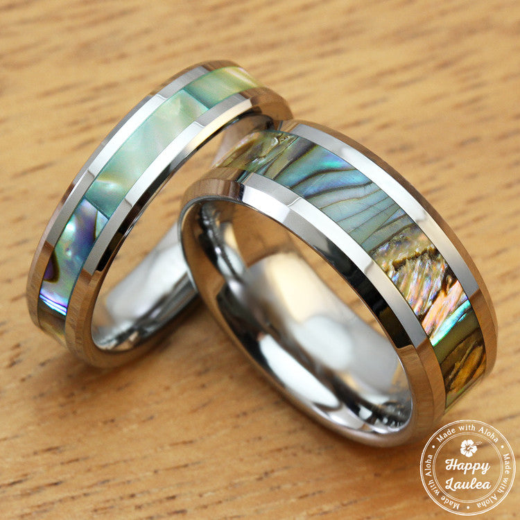 Pair of Tungsten Carbide Beveled Edge Rings with Abalone Shell Inlay - 5&8mm, Flat Shape, Comfort Fitment
